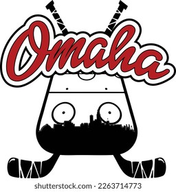 Custom illustrated hockey logo with the city skyline silhouette of Omaha Nebraska with hockey rink and sticks and text up above. Vector eps graphic design.