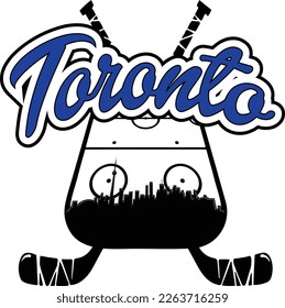 Custom illustrated hockey logo with the city skyline silhouette of Toronto Canada with hockey rink and sticks and text up above. Vector eps graphic design.