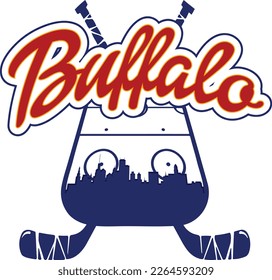 Custom illustrated logo with the city skyline silhouette of Buffalo New York inside of an ice rink with hockey sticks and script text up above. Vector eps graphic design.