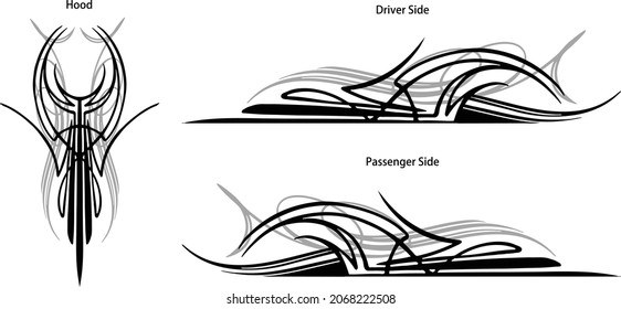 Kit de diseño de franjas de pasador ilustrado personalizado para laterales y superiores de vehículos, automóviles, camiones, barcos, vehículos recreativos o motocicletas. Gráficos de vectores.