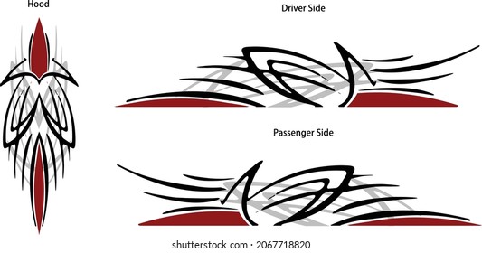 Individuell illustrierte Pin Stripe gefedert Design für Seiten und Oberteil von Fahrzeugen, Autos, Boote, Motorräder. Vektorgrafiken. 