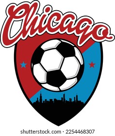 Custom illustrated soccer ball or football logo with the skyline buildings silhouette of the City Chicago Illinois inside a shield crest and script text up above. Vector eps graphic design.