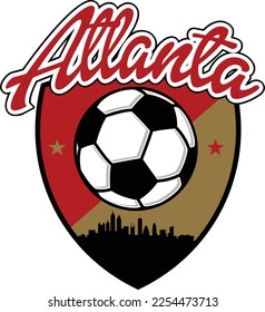 Custom illustrated soccer ball or football logo with the skyline buildings silhouette of the City Atlanta Georgia inside a shield crest and script text up above. Vector eps graphic design.