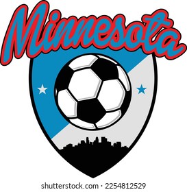 Custom illustrated soccer ball or football logo with the skyline buildings silhouette of the City Minneapolis St Paul Minnesota inside shield crest and script text up above. Vector eps graphic design.
