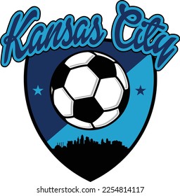 Custom illustrated soccer ball or football logo with the skyline buildings silhouette of Kansas City inside a shield crest and script text up above. Vector eps graphic design.