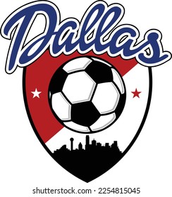 Custom illustrated soccer ball or football logo with the skyline buildings silhouette of the City Dallas Texas inside a shield crest and script text up above. Vector eps graphic design.