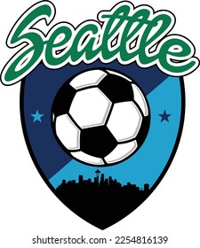 Custom illustrated soccer ball or football logo with the skyline buildings silhouette of the City Seattle Washington inside a shield crest and script text up above. Vector eps graphic design.