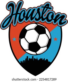 Custom illustrated soccer ball or football logo with the skyline buildings silhouette of the City Houston Texas inside a shield crest and script text up above. Vector eps graphic design.