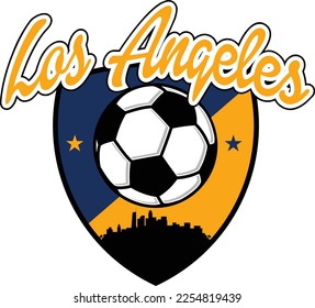 Custom illustrated soccer ball or football logo with the skyline buildings silhouette of the City Los Angeles California inside a shield crest and script text up above. Vector eps graphic design.