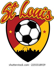 Dibujante personalizado de la silueta de los edificios de la ciudad de St Louis Missouri e Illinois dentro de un escudo de escudo y texto de guión arriba. Diseño gráfico vectorial.