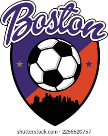 Custom illustrated soccer ball or football logo with the skyline buildings silhouette of the City Boston Massachusetts New England inside a shield crest and script text up above. Vector graphic design