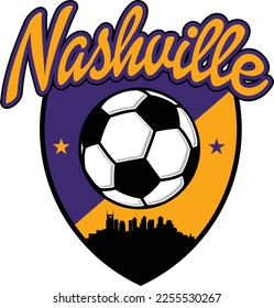 Custom illustrated soccer ball or football logo with the skyline buildings silhouette of the City Nashville Tennessee inside a shield crest and script text up above. Vector eps graphic design.