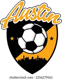 Custom illustrated soccer ball or football logo with the skyline buildings silhouette of the City Austin Texas inside a shield crest and script text up above. Vector eps graphic design.