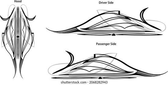 Maßgeschneiderte, bebilderte Konstruktionen für schwere Pin-Streifen für Fahrzeuge, Autos, Lastkraftwagen, Boote, Motorräder. Das Kit enthält Grafiken für Seiten und Oberseiten. Vektorgrafik-Designs.