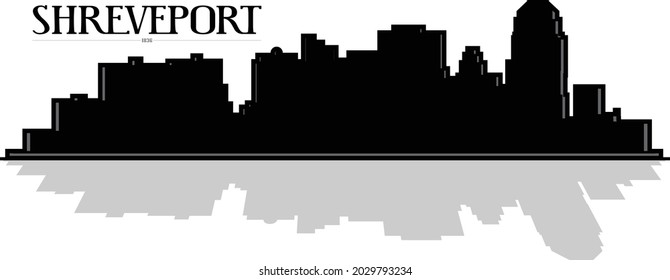 Custom illustration of downtown buildings city skyline silhouette of Shreveport Louisiana in black and white. Vector eps graphic design. Editable