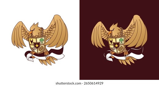 Custom illustration of Indonesia Garuda bird with shield on chest and the talon gripping ribbon flag while flying. Historical animal character national symbols and state philosophy