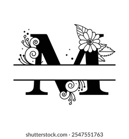 Custom Letter Monogram M Design with Floral Elements, Black and White Alphabet Logo Illustration