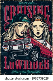 Custom lowrider car vintage colorful poster with bouncing automobile pretty girls in baseball caps and beautiful rose flowers vector illustration