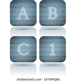 Custom made alphabet (drawn from the scratch)  sans serif digits and capital letters icons set: A, B, C, 1. 