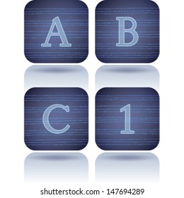 Custom made alphabet (drawn from the scratch)  sans serif digits and capital letters icons set: A, B, C, 1. 