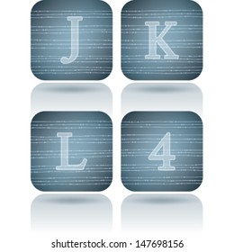 Custom made alphabet (drawn from the scratch)  sans serif digits and capital letters icons set: J, K, L, 4. 