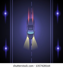 Custom made car top view moving at night on the road