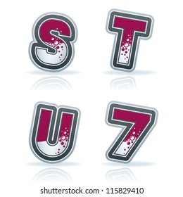 Custom made (drawn from the scratch) blue-red "bubble" digits and capital letters icons set: S, T, U, 7.