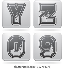 Custom made (drawn from the scratch) blue-red "bubble" digits and capital letters icons set: Y, Z, 0, 9.