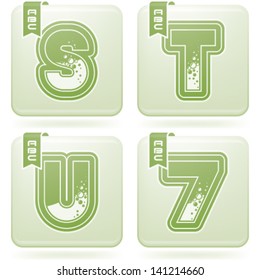 Custom made (drawn from the scratch) blue-red "bubble" digits and capital letters icons set: S, T, U, 7.