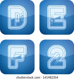 Custom made (drawn from the scratch) blue-red "bubble" digits and capital letters icons set: D, E, F, 2.