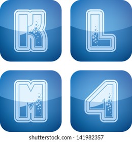Custom made (drawn from the scratch) blue-red "bubble" digits and capital letters icons set: J, K, L, 4.