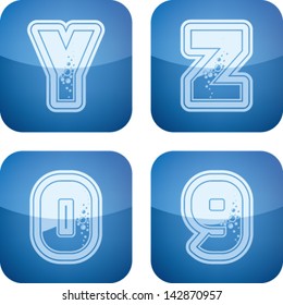 Custom made (drawn from the scratch) blue-red "bubble" digits and capital letters icons set: Y, Z, 0, 9.
