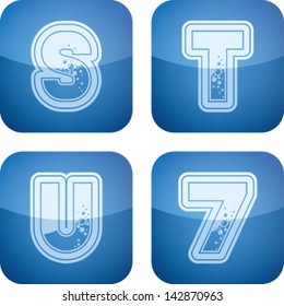 Custom made (drawn from the scratch) blue-red "bubble" digits and capital letters icons set: S, T, U, 7.