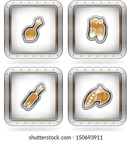 Custom made (drawn from the scratch) blue-red "bubble" digits and capital letters icons set: Onion, Cucumber, Carrot, Bean. 