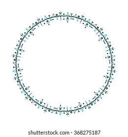 Custom made frame in black and blue on white background. Circular shape.