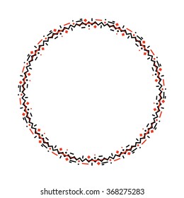 Custom made frame in black and red on white background. Circular shape.
