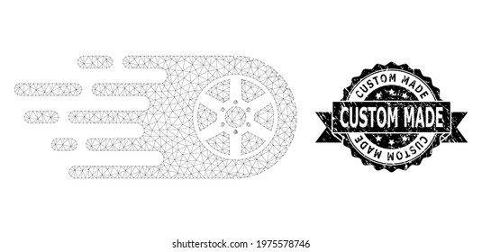 Custom Made grunge stamp seal and vector tire wheel mesh structure. Black stamp seal contains Custom Made caption inside ribbon and rosette. Abstract flat mesh tire wheel, created from polygonal grid.