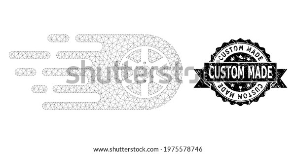 Custom Made grunge stamp seal and vector tire wheel
mesh structure. Black stamp seal contains Custom Made caption
inside ribbon and rosette. Abstract flat mesh tire wheel, created
from polygonal grid.