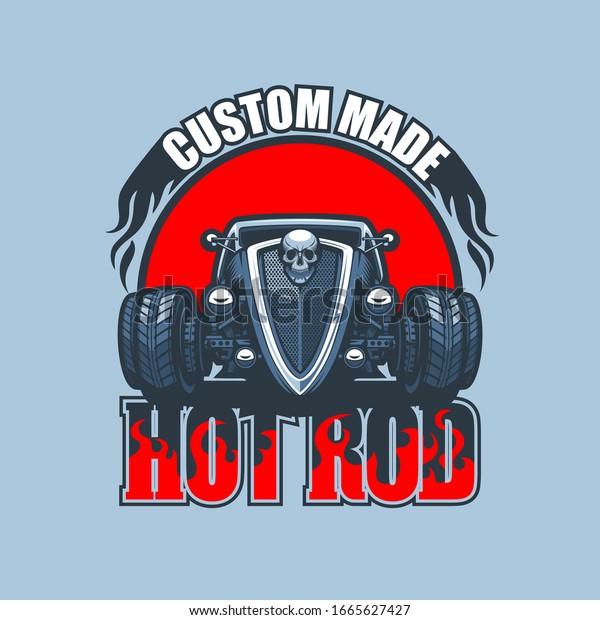 Custom Made Hot Rod logo with vintage car on\
red background.