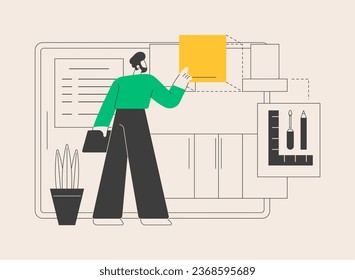 Custom made kitchens abstract concept vector illustration. Bespoke kitchen furniture design and installation, handcrafted cabinets, backsplash tile, design idea, modular size abstract metaphor.