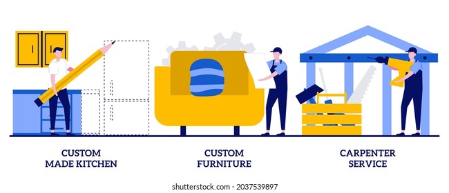 Custom made kitchens, custom furniture, carpenter services concept with tiny people. Home renovation abstract vector illustration set. Apartment interior design, house furnishing metaphor.