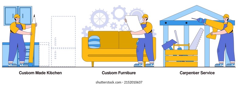 Custom Made Kitchens, Custom Furniture, Carpenter Services Concepts With People Characters. Home Renovation Abstract Vector Illustrations Pack. Apartment Interior Design, House Furnishing Metaphor.