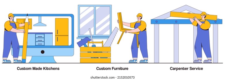 Custom Made Kitchens, Furniture Designer, Carpenter Services Concepts With People Characters. Apartment Interior Design Abstract Vector Illustrations Pack. Home Furnishing, House Renovation Metaphor.