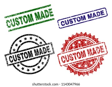 CUSTOM MADE seal prints with corroded style. Black, green,red,blue vector rubber prints of CUSTOM MADE title with unclean style. Rubber seals with circle, rectangle, rosette shapes.