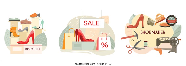 Custom made shoes shoemaker discount footwear shop high heels women pumps sale 3 flat compositions vector illustration 