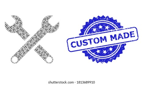 Custom Made textured seal print and vector recursion mosaic spanners. Blue seal has Custom Made title inside rosette. Vector mosaic is formed with recursive rotated spanners pictograms.