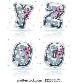 Custom made Winter and Christmas style (drawn from the scratch) blue-red "bubble" digits and capital letters icons set: Y, Z, 0, 9.