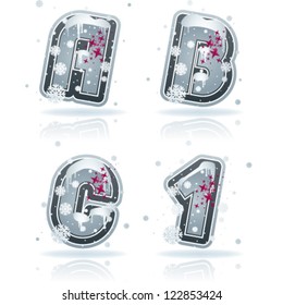 Custom made Winter and Christmas style (drawn from the scratch) blue-red "bubble" digits and capital letters icons set: A, B, C, 1.