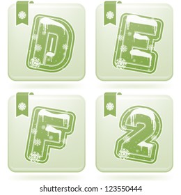 Custom made Winter and Christmas style (drawn from the scratch) green digits and capital letters icons set: D, E, F, 2.