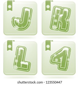 Custom made Winter and Christmas style (drawn from the scratch) green digits and capital letters icons set: J, K, L, 4.